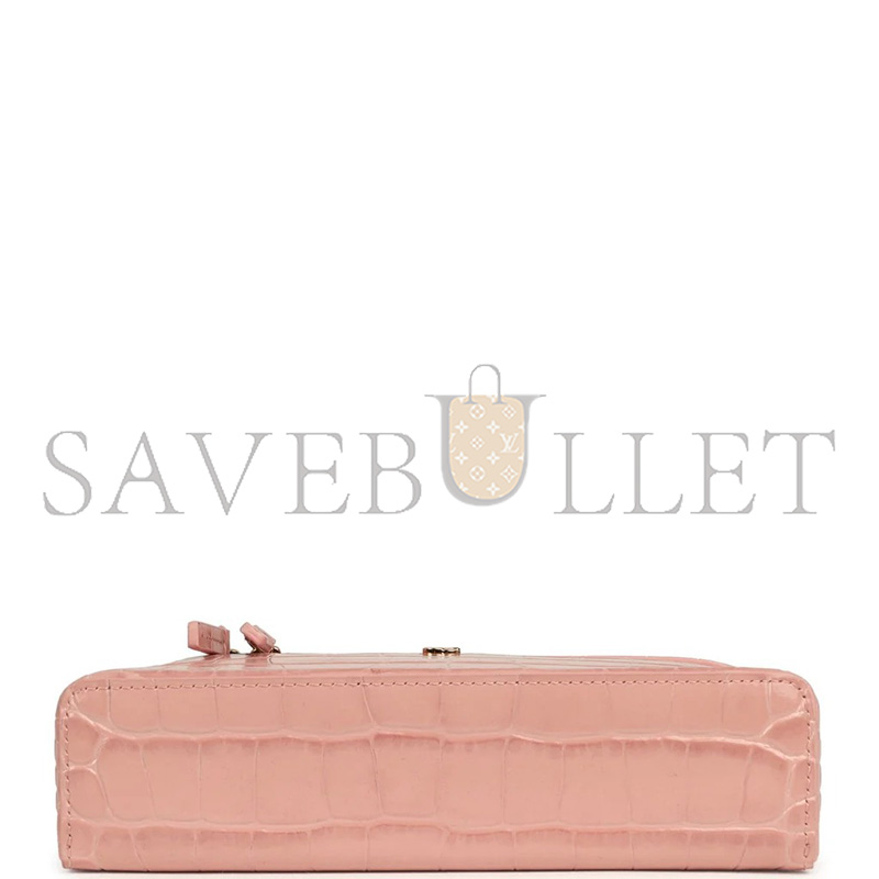 Ch**el MASTER TOP HANDLE LONG VANITY CASE WITH CHAIN PINK CROC EMBOSSED CALFSKIN GOLD HARDWARE (19*14*5cm)